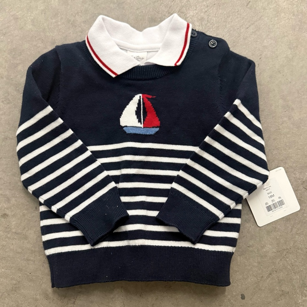 NWT Starting Out 2 Piece Sweater / Polo Shirt Set in Blue & White Stripe 18M